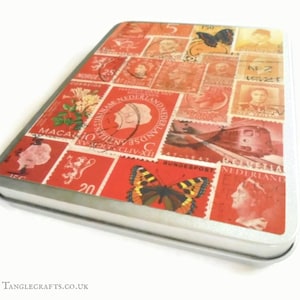 Boîte de papeterie de timbre-poste - boîte de stockage articulée C6 pour le bureau, adapte les cartes postales 4x6, les cahiers A6, les stylos etc., le cadeau orange rouge d’impression d’art de timbre