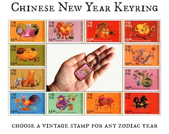 Chinese New Year Keyring made with postage stamp from Hong Kong, 1999