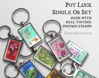 Flower Postage Stamp Keyring - Single or Set, made with real vintage stamps