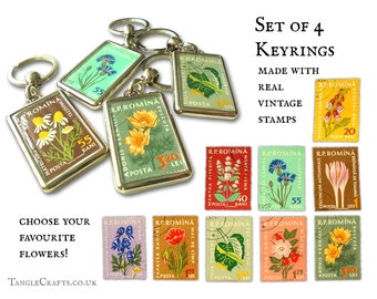 Retro Floral Keyring Set, vintage postal stamp keychain bundle | poppy foxglove wolfsbane crocus linden | upcycled garden party favors pack