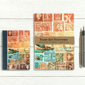 Papel para escribir y libreta de direcciones a juego • Juego de regalo con temática de pájaros, caja o billetera con estampado de sellos postales • Regalo para escritor de cartas con puesta de sol boho
