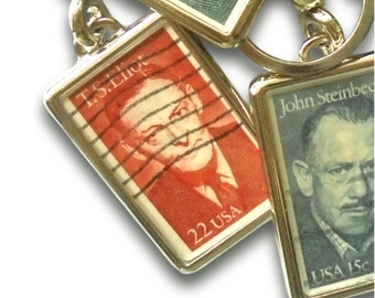 T S Eliot Postage Stamp Keyring - upcycled 1986 USA postal stamp