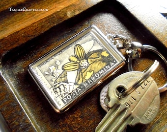 Flying Beetle Keyring - Upcycled 1956 Romania postage stamp