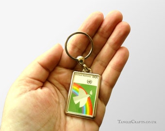 Peace Dove & Rainbow Keyring - upcycled 1976 United Nations postage stamp