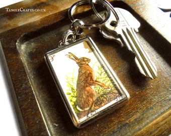 Hare Keyring - British Wildlife Keychain, upcycled 1977 GB postage stamp