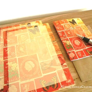 Briefpapier Set – orange rotes A5 Papier & passendes Kartenset in Geschenkbox • Sunset Postage Briefmarken Set, Geschenk Set