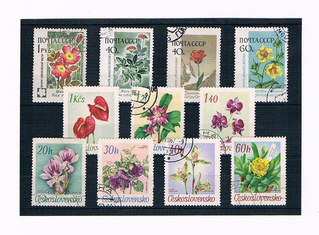 Vintage Flower Postage Stamps, 1960s flower stamps from Russia &  Czechoslovakia