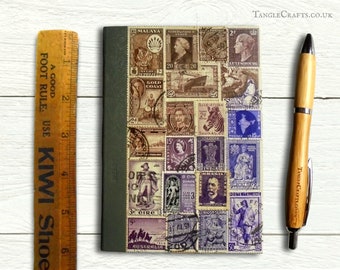 Brown & Purple Postage Stamp Notebook - ooak upcycled vintage collage