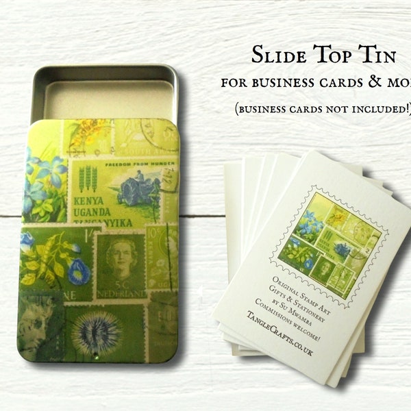 Green business card box, postage stamp print slide top tin | small boho stationery or trinket storage, compact decorative jewellery gift box