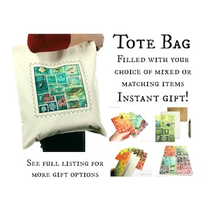 Teal Ombre Travel Tote Gift Set - postage stamp print grab bag | Filled stationery storage tin, notebook, card, pen & more | gift for penpal