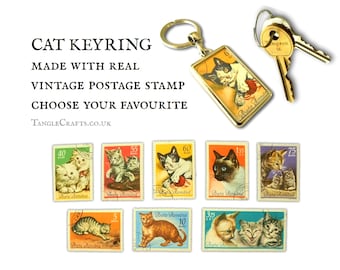 Vintage Cat Keyring - choice of designs - real Romania stamp 1965