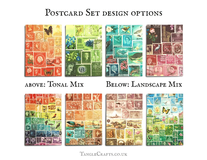 Stamp Art Landscape Postcards, Set of 8 birds flowers butterflies, postage stamp print sunny whimsical travel theme postcrossing cards 24 x Complete Mix