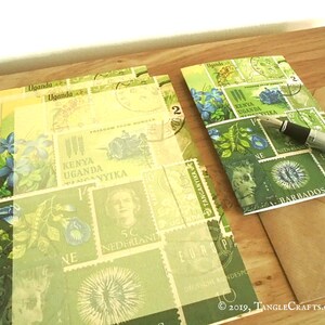 Grünes Briefpapier Set - Penpal Briefpapier Set mit edlem Bütten, passende Grußkarten, Geschenkbox • mail art postal Briefmarken Abdruck