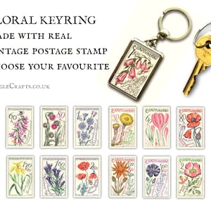 Flowers & Medicinal Plants Keyring choice of vintage botanical designs Floral postage stamp keychain campanula cornflower gentian iris image 1