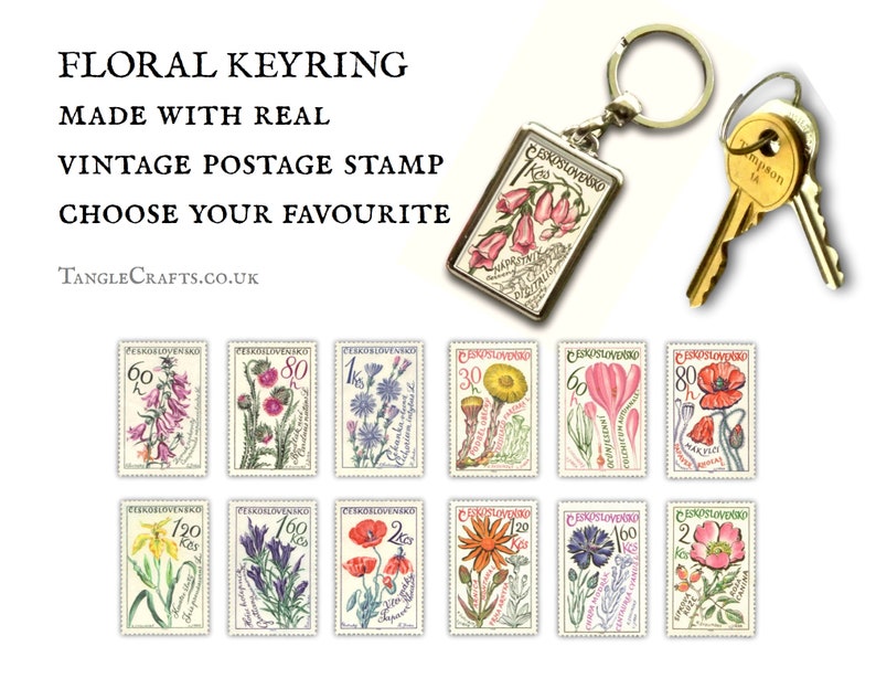 Flowers & Medicinal Plants Keyring choice of vintage botanical designs Floral postage stamp keychain campanula cornflower gentian iris image 1