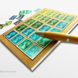 Carnet de notes vert turquoise | Journal de poche décoré de timbres-poste usagés recyclés | livre d'écriture kraft, papeterie de collectionneur de timbres