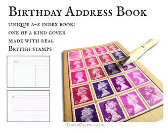 Pink Purple birthday address book • Machin stamp cover A-Z notebook