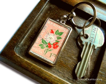 Dogrose Keyring - upcycled 1959 Romania postage stamp