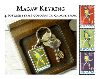 Blue & Yellow Macaw Keyring - upcycled 1967 postage stamp from Guyana