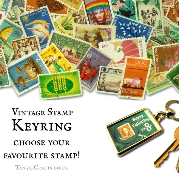 Postage Stamp Keyring - choose your favourite | vintage postal stamp keychain | Mailable penpal gift, stocking filler for stamp collector