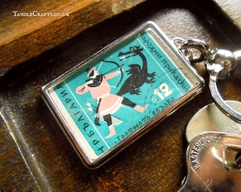 Folk Tale Dragon Keyring - upcycled 1961 postage stamp from Bulgaria