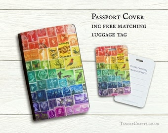 Rainbow Passport Holder - Colourful Postage Stamp cover with inner card slots & pockets | Optional matching travel notebook or luggage tag