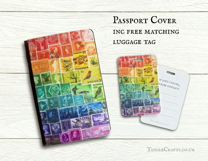 Rainbow Passport Holder Colourful Postage Stamp cover with inner card slots & pockets Optional matching travel notebook or luggage tag image 1