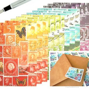 Letter Writing Kit, Boxed Gift Set • Colourful Vintage Postal Stamp Print, A5 Writing Paper Set • Eco Recycled Paper Letter Set for Penpal