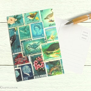 Cartes postales océan, lot de 8 - Impression de timbres-poste | Bleu sarcelle turquoise cyan - créature marine, oeuvre d'art de timbres-poste de voyage du monde | 4 x 6 cartes post-traversées