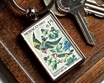 European Goldfinch Keyring - vintage 1962 postage stamp from Monaco