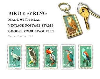 Bird Keyring - upcycled 1967 Germany postage stamp