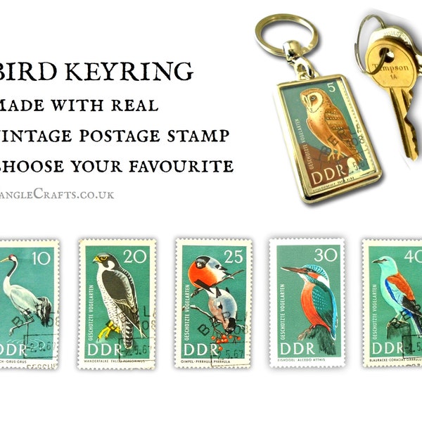 Retro-Vogel-Schlüsselanhänger, upgecycelter Vintage-Briefmarken-Schlüsselanhänger | Eulen-Eisvogelfalke - Vogelliebhaber Schlüsselanhänger | Geburtstagsgeschenk für Vogelbeobachter 1967