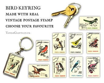 Retro Bird Keyring made with upcycled postage stamp -  choose from magpie, swallow, woodpecker & more