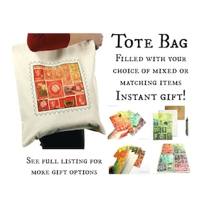 Orange Red Tote Bag Gift Set, Matching stamp art tin, notebook, card & more | Fiery postage stamp print stationery bundle for philatelist UK