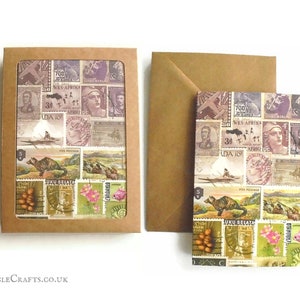 Briefmarken Klappkarten, Vintage Briefmarken Set, Landschaftsabdruck | leere Innenseite Notizkartenbox , 4 oder 8 Karten | Philatelie Grußkarten drucken lassen