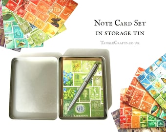 Mixed Design Notecard Set in Gift Tin - Colourful Any Occasion Postage Stamp Note Cards