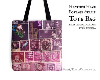 Boho Tote Bag, Purple Postage Stamp Print | Tonal Heather Mauve Gradient Ombre Stamp Art, long handle shopper | mail art fabric travel bag