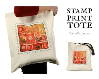 Orange Red Eco Tote Bag - postage stamp art print | Philately postal collage, reusable long handled shopper for stamp collector or penpal UK