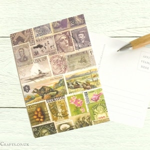 Landscape Postcard Set of 8 - vintage postage stamp collage print | boho heather moss nature theme postal stamp art | A6 postcrossing cards