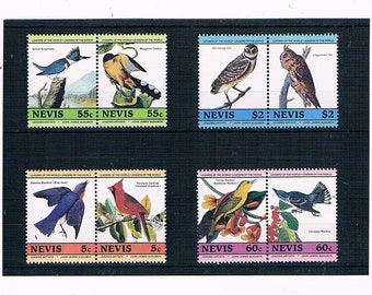 Audubon Birds on Nevis Postage Stamps - kingfisher, owl, cardinal, bluebird | mint vintage 1985 bird thematic postal stamp collection