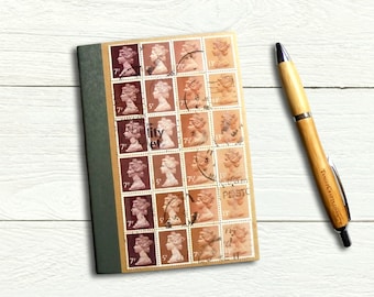 Cocoa Brown Machin Stamp Notebook - Ruled journal decorated with British stamps