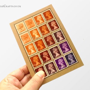 May include: A sheet of brown paper with a grid of 20 postage stamps featuring a profile of Queen Elizabeth II. The stamps are arranged in a gradient of colors from orange to purple.