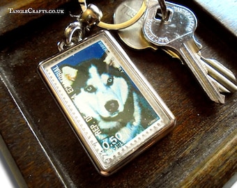 Siberian Husky Keyring, upcycled 1977 postage stamp from Equatorial Guinea