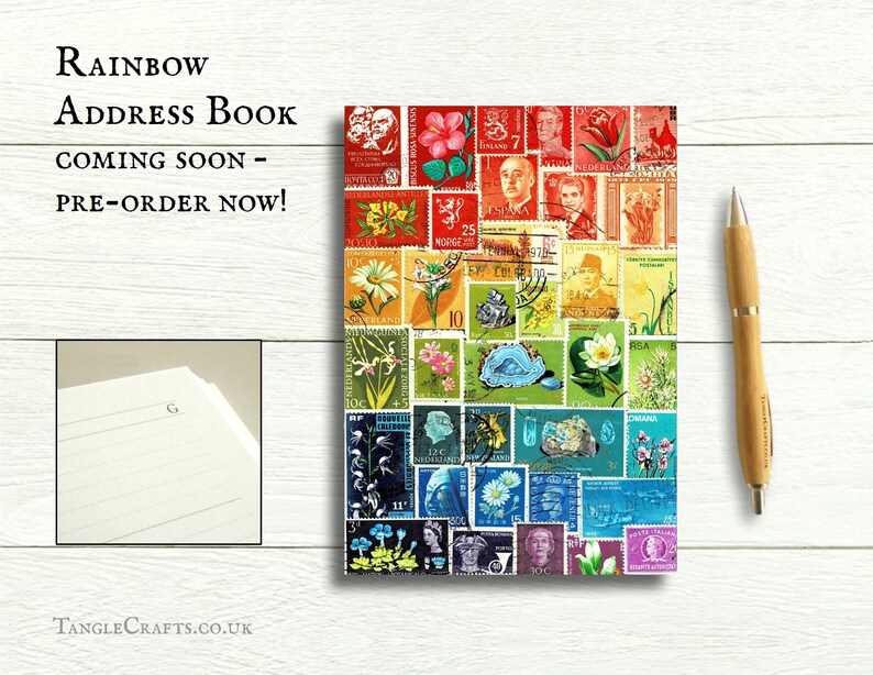 A5 Address Book inc Birthday Book Green Postage Stamp Print A-Z Index Book, Date Planner Tonal Green Ombre Boho Postal Art Office Gift Rainbow