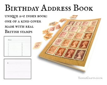 Cocoa birthday address book • Machin stamp cover A-Z notebook