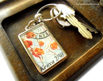 Red Flower Keyring - upcycled 1983 used postage stamp from Kenya