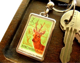 Retro Roe Deer Keyring (green) - upcycled 1961 Romania postage stamp