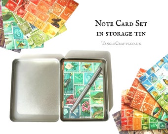 Mixed Design Notecard Set in Gift Tin - Colourful Any Occasion Postage Stamp Note Cards