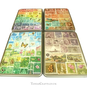 Boîtes de rangement de papeterie, ensemble de 4 - Impression de paysage de timbres-poste | Boîtes en étain articulées - cartes postales A6 C6 4x6 | Cadeau de bureau pour collectionneur de timbres