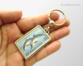 Dolphin Keyring, upcycled retro vintage 60s postage stamp gift | ocean wildlife keychain sea lover gift | silver plated keyfob & gift box